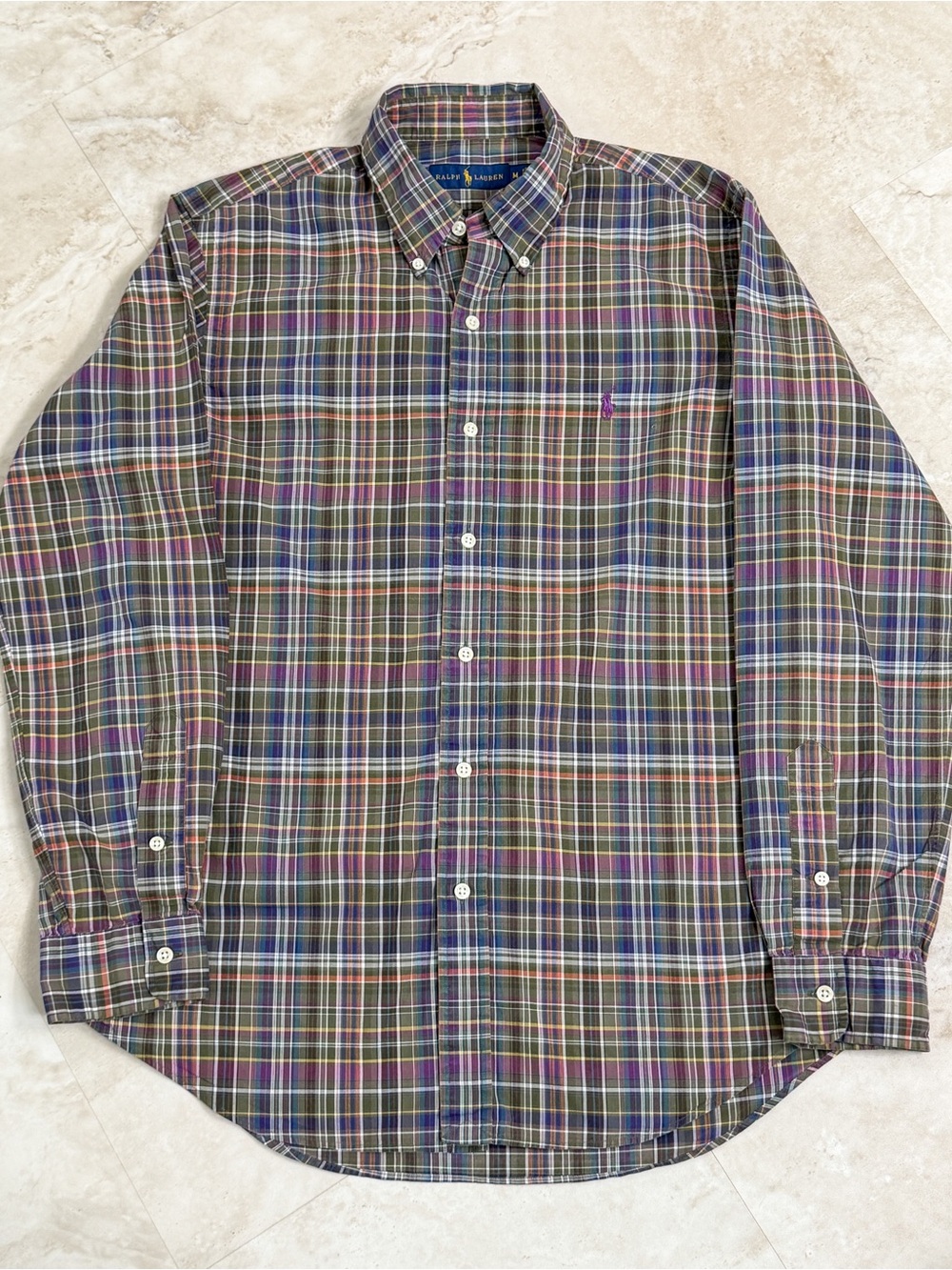 Ralph Lauren Men's Green Plaid Button-Down Shirt Medium Long Sleeve Pony Logo - Picture 2 of 4